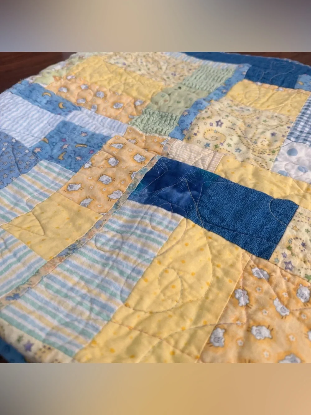 Handmade Patchwork Brick Throw Quilt Patch Yellow Blue Green Farm Animals 44x44